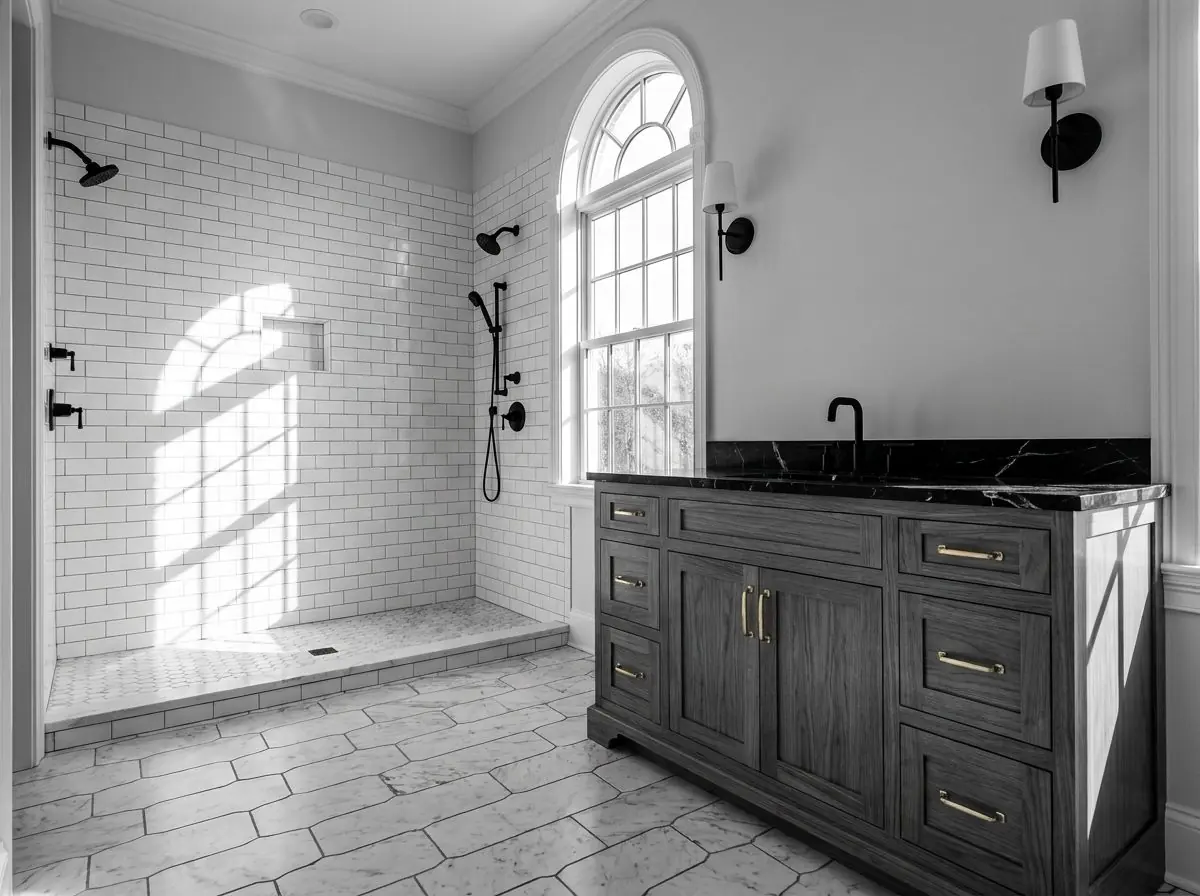 Remodeled bathroom with subway tile, marble hex floor and custom vanity