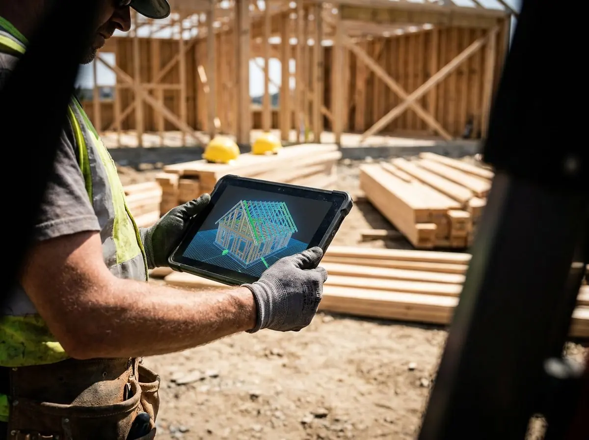 Builder reviewing a 3D model of the home on a tablet at the job site